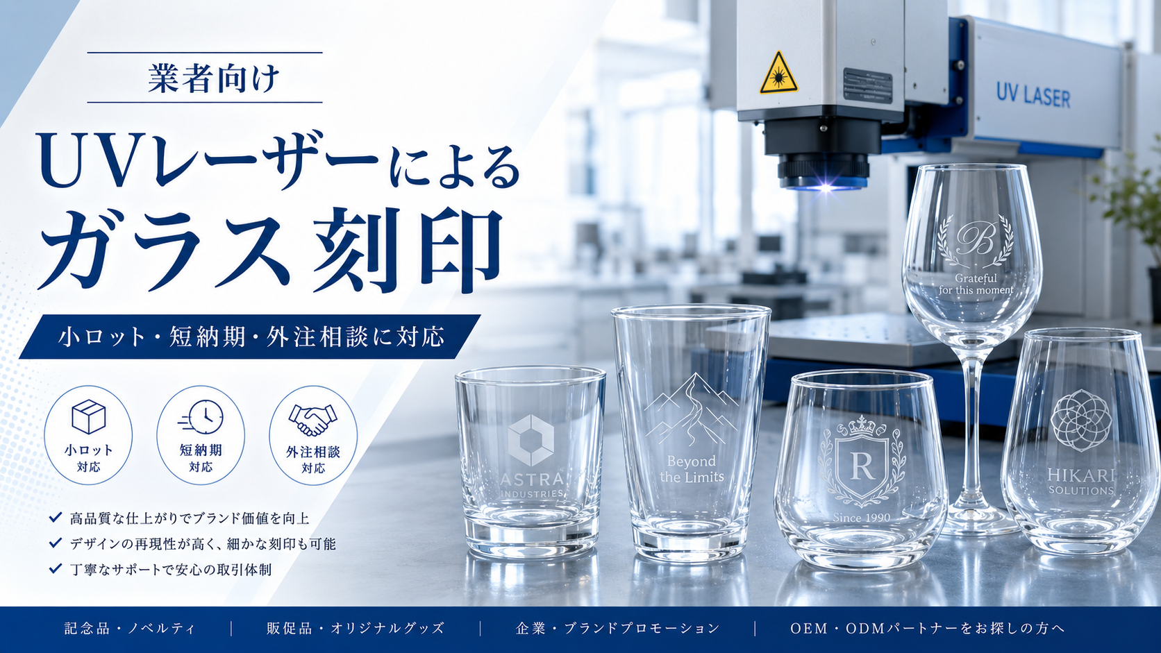 【業者様向け】ガラス製品へのUVレーザー刻印｜小ロットの名入れ・ノベルティ加工の外注先をお探しの方へ